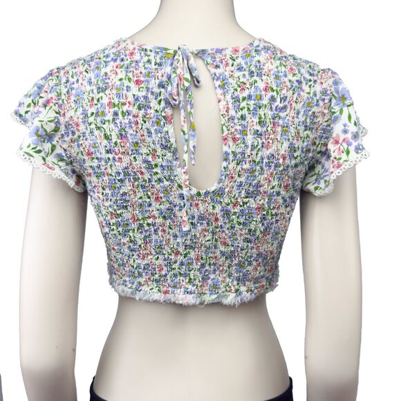 PATRONS OF PEACE Smocked Floral Ruffles Sleeves Crop Top Summer Cottagecore sz M - Picture 3 of 5